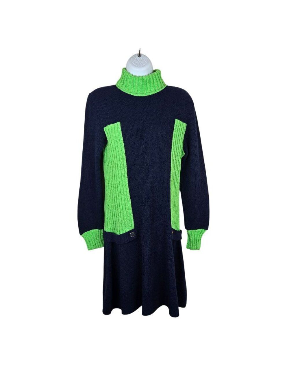 Vintage 60s Kingston Knits Navy Blue Green Knit Dress Mod Womens Size M